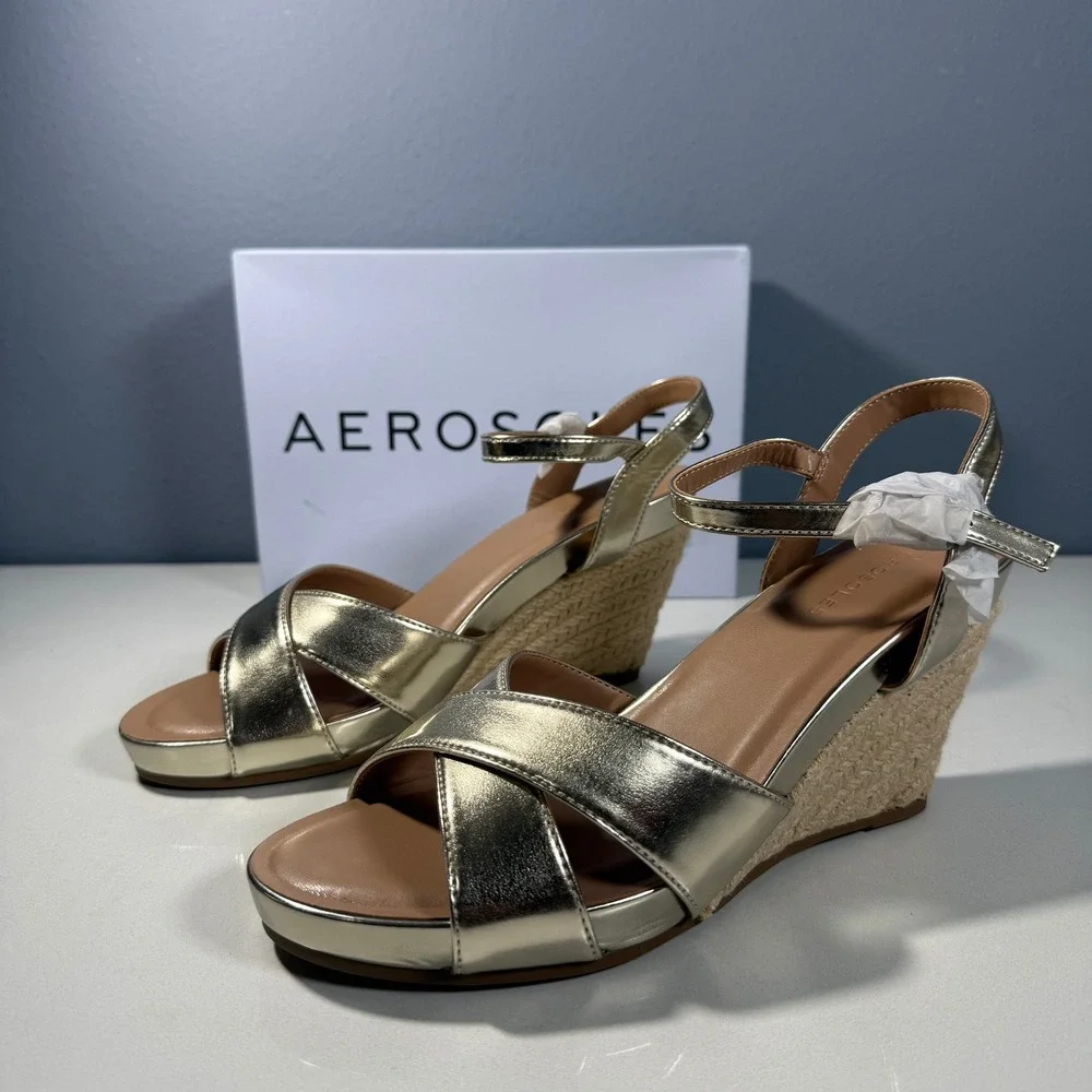 Aerosoles‎ Pastel Womens Soft Gold Metallic Espadrille Wedge Sandals 10M
